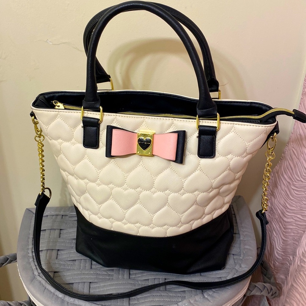 Betsey Johnson Black and White Tote Handbag with Quilted Pvc And Gold Hardware
